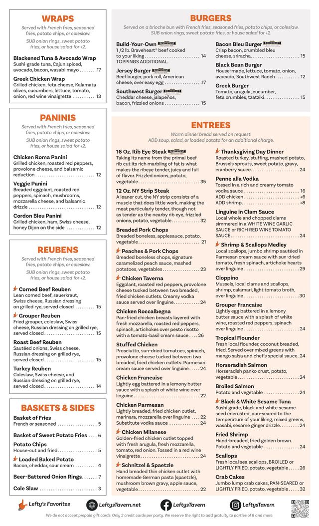 Our Menu's | Barnegat & Manahawkin, NJ | Lefty's Tavern